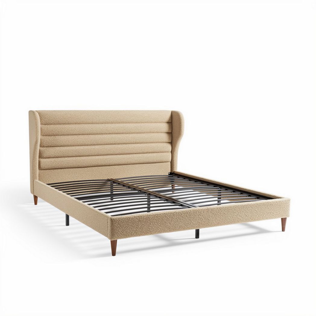 stof bedframe met stoffen hoofdbord en metalen lattenbodem 200 x 160 x 100cm beige