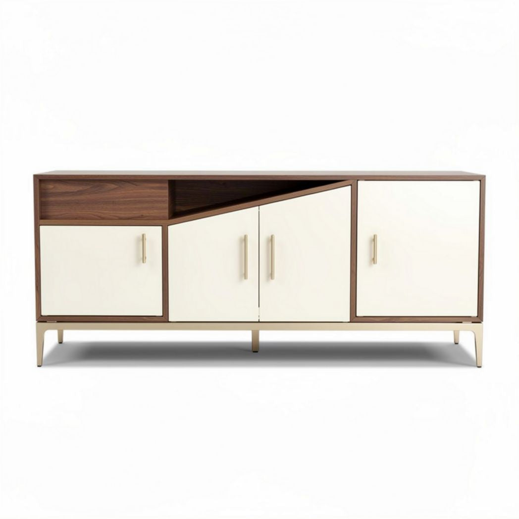 Lage dressoir van walnoot met beige deurtjes en moderne afwerking 150 x 40 x 70cm