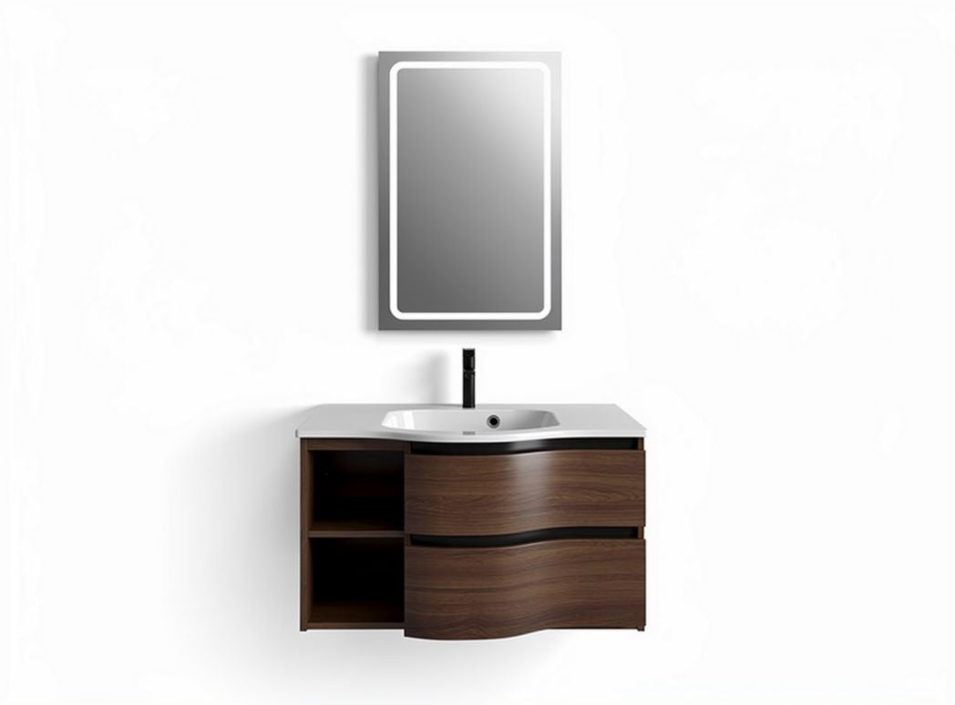 Wandmeubel met spiegel van houten fineer en keramisch wastafel 90 x 45 x 60cm